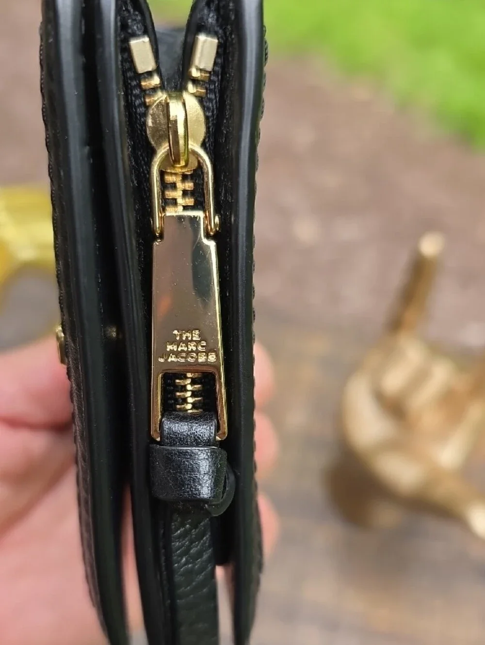 Marc Jacobs Black Pebbled Leather Zip Wallet with Gold Hardware